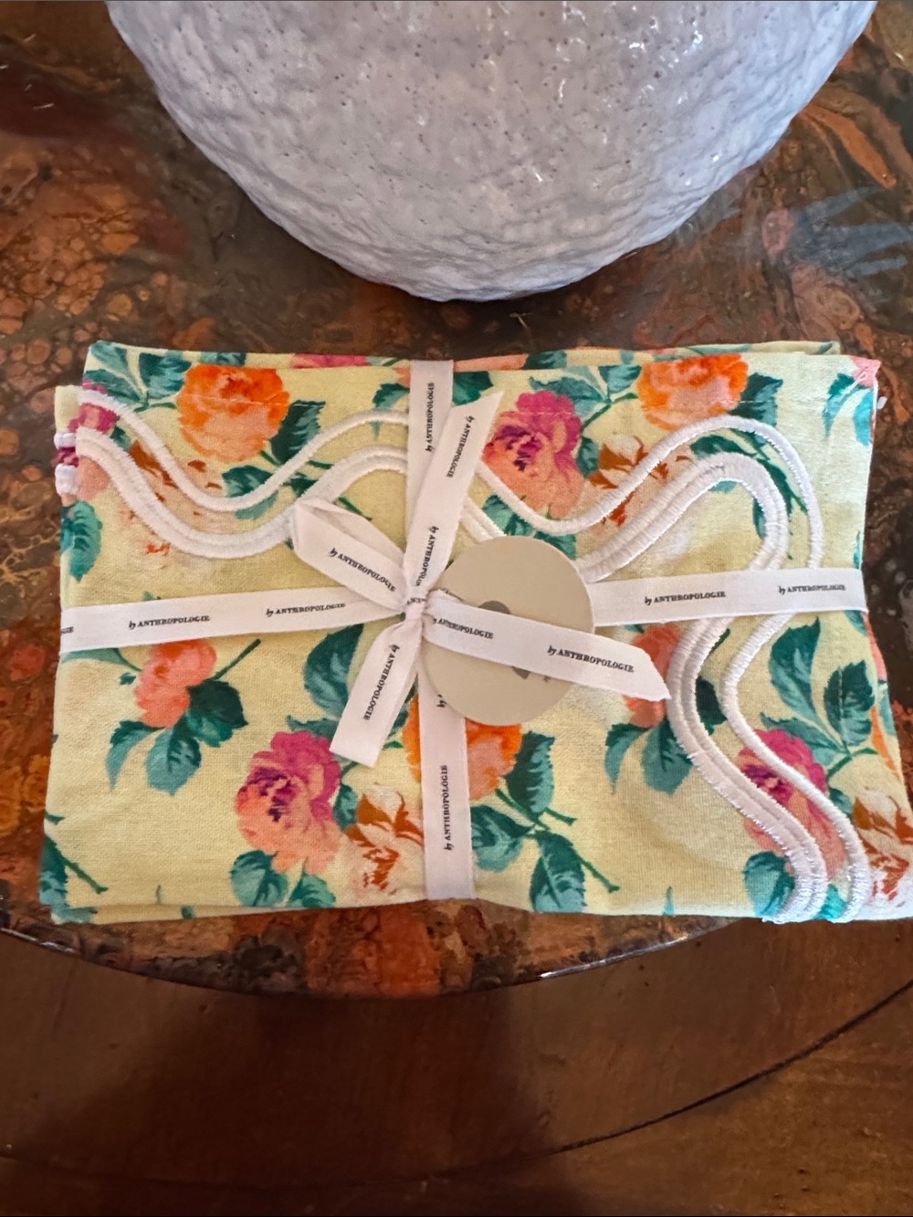 Anthropologie (2) Floral Cotton Napkin Set in Yellow with Pink and Orange Bloom